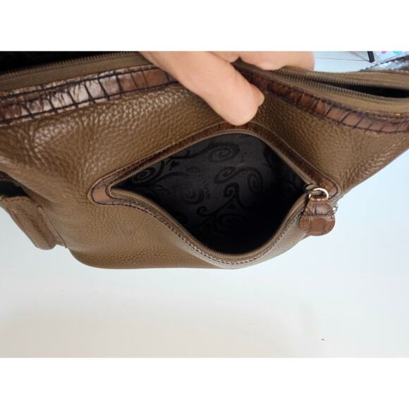 BRIGHTON Brown Leather w/ Croc Embossed
Trim Satchel Shoulder Bag pre owned - Picture 9 of 11